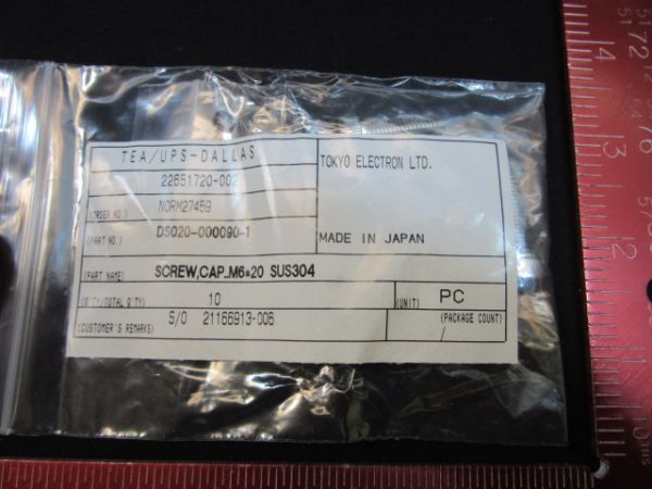 TOKYO ELECTRON DS020-000090-1  SCREW, CAP M6*20 SUS304 (PACK OF 10)