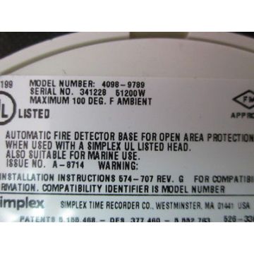 SIMPLEX 4098-9789 BASE SMOKE DETECTOR ANALOG PN-6010-128