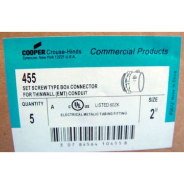 COOPER 455 2 SET SCREW TYPE BOX CONNECTOR FOR THINWALL CONDUIT EMT 5 BOX