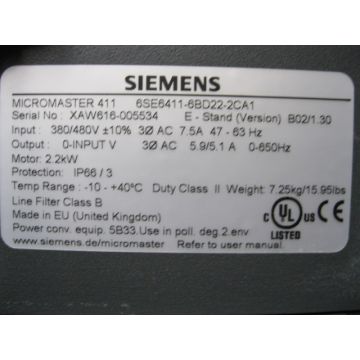 SIEMENS 6SE6411-6BD22-2CA1 MICROMASTER 411 FREQUENCY CONTROL