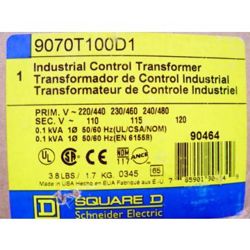 SQUARE D 9070T100D1 INDUSTRIAL CONTROL TRANSFORMER