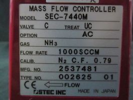 Stec SEC-7440M Mass Flow Controller, Range: 1000 SCCM, Gas: NH3, Valve: C